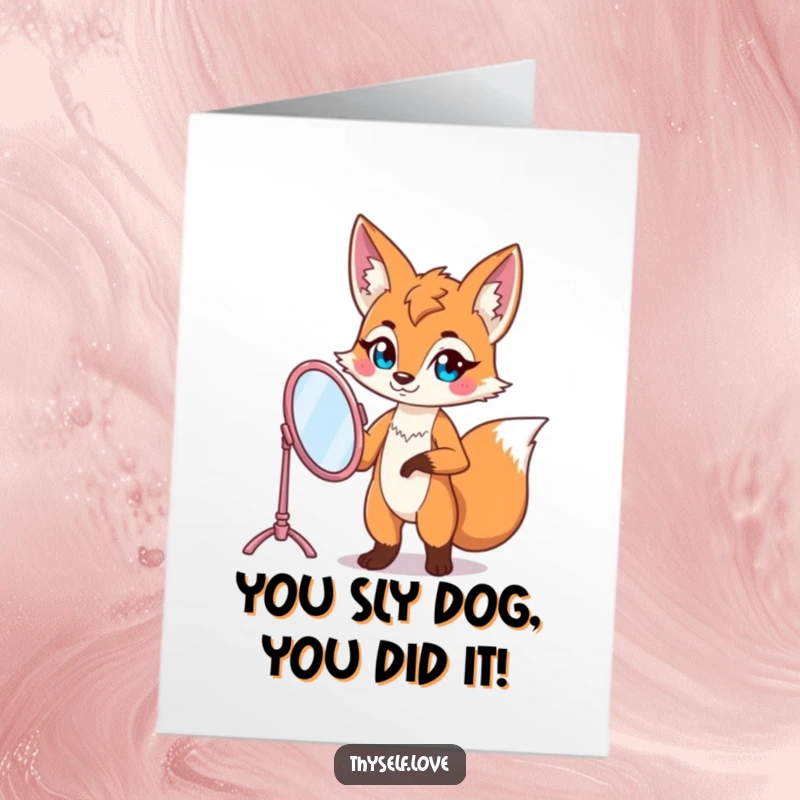 Funny Free Printable Fox Congratulations Card: A confident fox strikes a pose in a vanity mirror, celebrating its own brilliance. Stylish and witty.