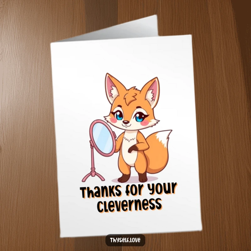 Funny Free Printable Fox Thank You Card: Confident fox admires its reflection in a vanity mirror, exuding charm and gratitude. A chic thank you.