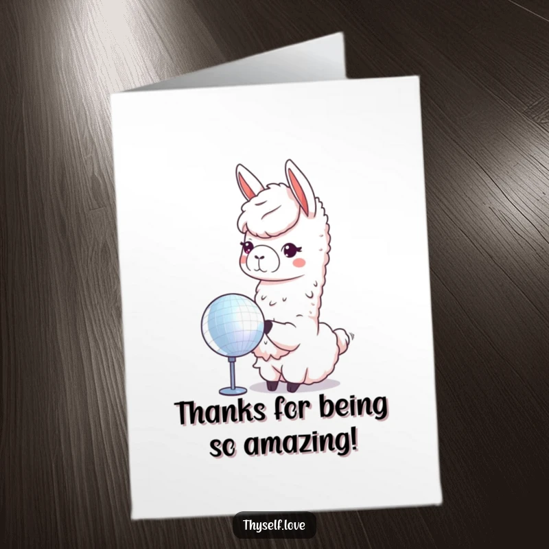 Funny Free Printable Llama Thank You Card: Cute llama admires its dazzling reflection in a disco ball, showing gratitude with sparkle. A unique thanks.