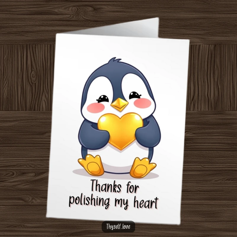 Funny Free Printable Thank You Card: Cheerful penguin polishing a shiny golden heart, expressing sincere thanks.