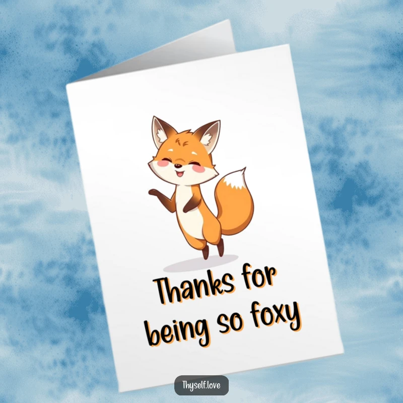 Funny Free Printable Thank You Card: Smiling fox playfully dancing and enjoying a spirited game with its own shadow.