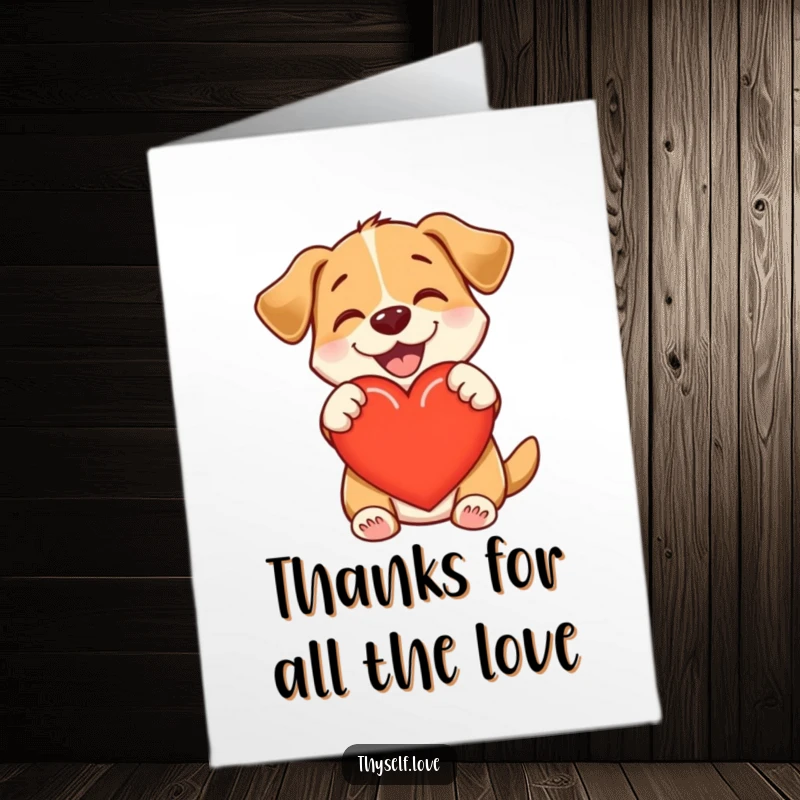 Funny Free Printable Thank You Card: Cute dog hugging a heart, showing love, downloadable art.