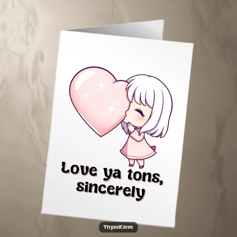 Funny free printable thank you card, a character blows a kiss to a massive, shimmering heart symbol.