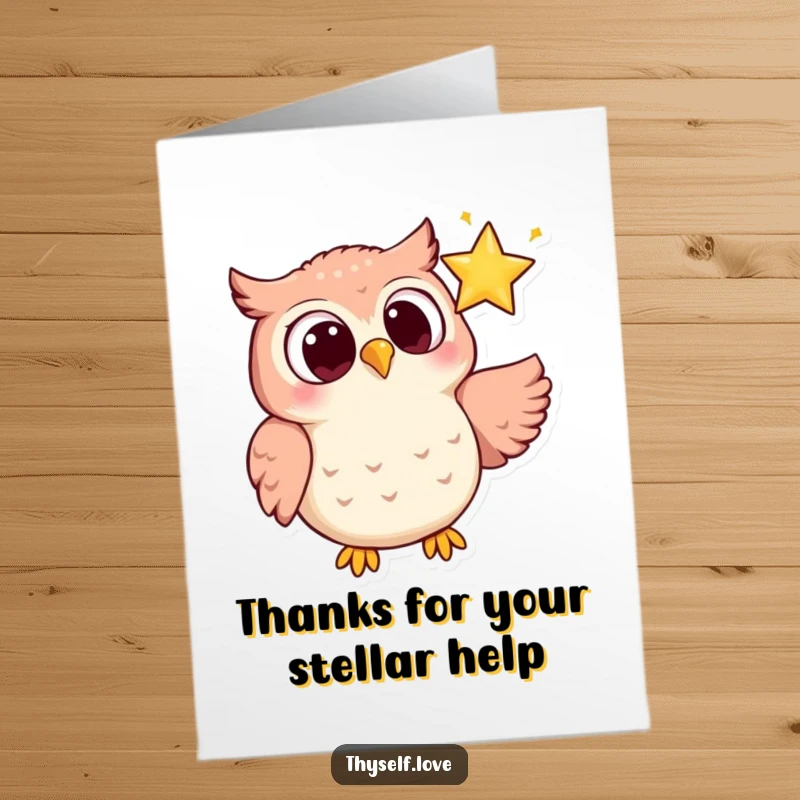 Funny Free Printable Thank You Card: Owl looking lovingly at a sparkling star, enchanted, downloadable art.
