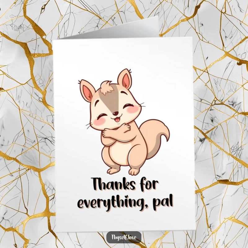 Funny Free Printable Thank You Card featuring a happy squirrel giving itself a big hug, a warm thank you.