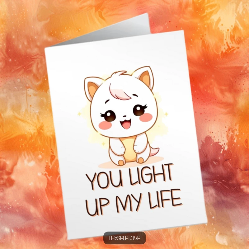 Funny free printable thank you card, a content character surrounded by a soft, inviting, luminous warm glow.