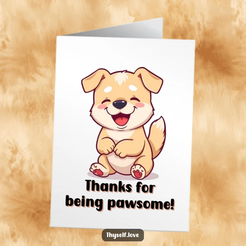 Funny Free Printable Thank You Card: A content dog wags its tail, gazing fondly at its paws, a sweet expression of thanks.