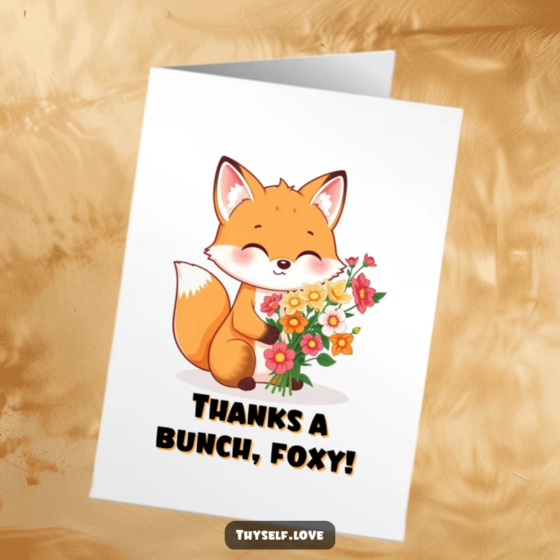 Funny Free Printable Thank You Card: Cheerful fox meticulously arranging a flower bouquet for its own enjoyment, downloadable.