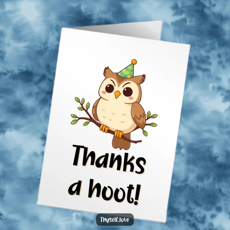 Funny Free Printable Thank You Card: Smiling owl in a party hat, perched and ready to say thanks.