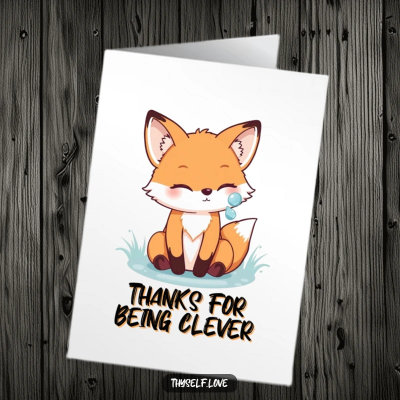 Funny Free Printable Thank You Card: Cheerful fox admiring its reflection in a sparkling dewdrop, conveying sparkling thanks.