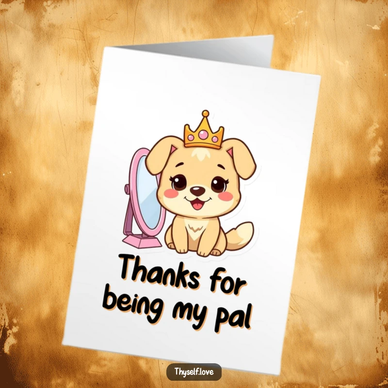 Funny Free Printable Dog Thank You Card: A regal dog in a crown checks its reflection, appreciating its own awesomeness. A noble thank you.