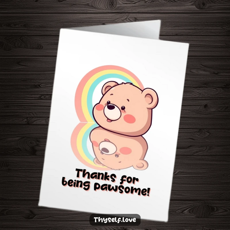 Funny Free Printable Thank You Card: Giggling bear sees a rainbow in its reflection, a unique downloadable gift.