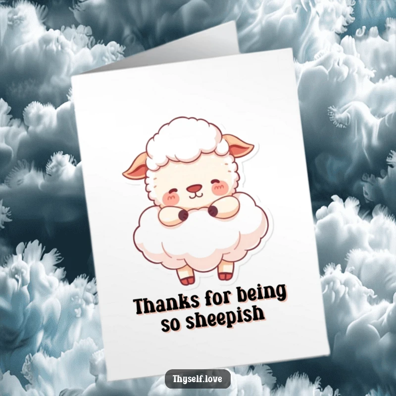 Funny Free Printable Thank You Card: Happy sheep peacefully embracing a fluffy cloud, offering a gentle thank you.