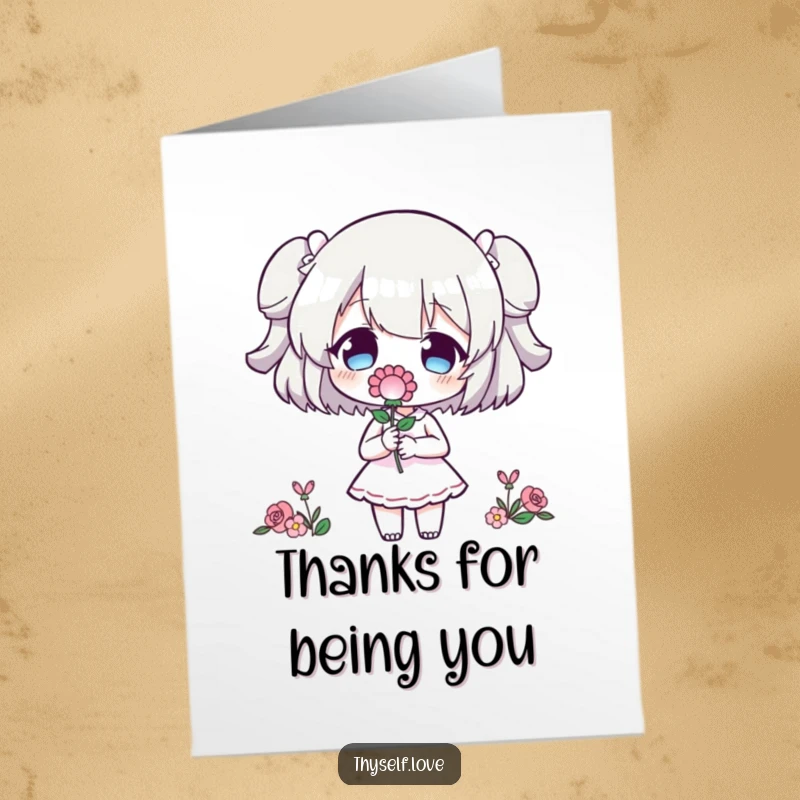 Funny free printable thank you card, a character offers a single bloom to its own amusing, shadowy twin.