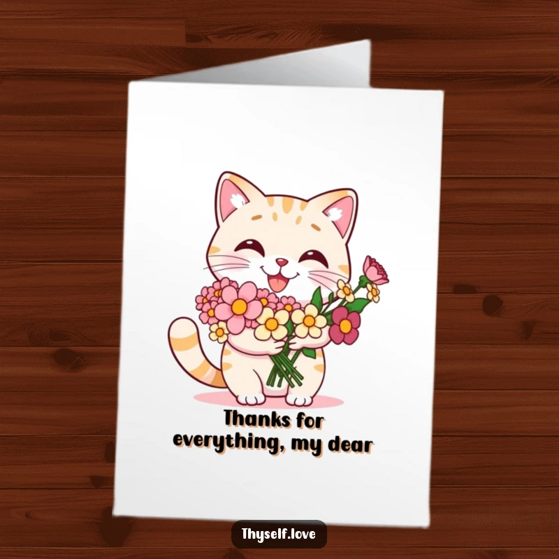 Funny Free Printable Cat Thank You Card: Smiling cat proudly holds a bouquet, gifting itself flowers with immense self-satisfaction. A unique thank you.
