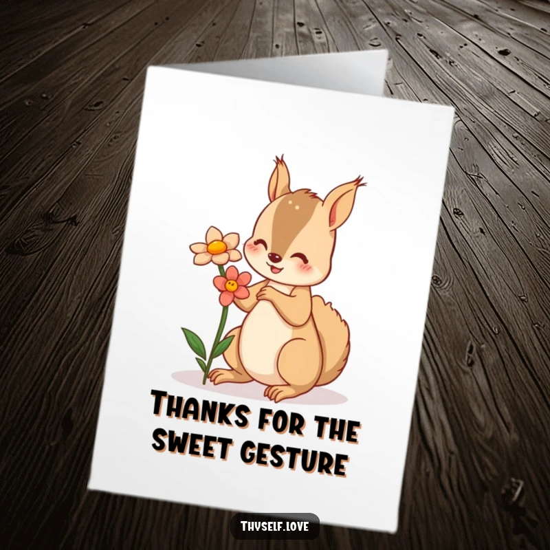 Funny Free Printable Thank You Card: A playful squirrel offers a flower to its smiling reflection.