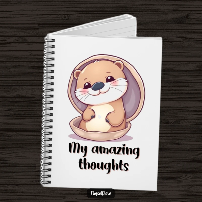 Funny notebook with a smiling otter admiring itself in a shiny shell, encouraging self-reflection and creativity.