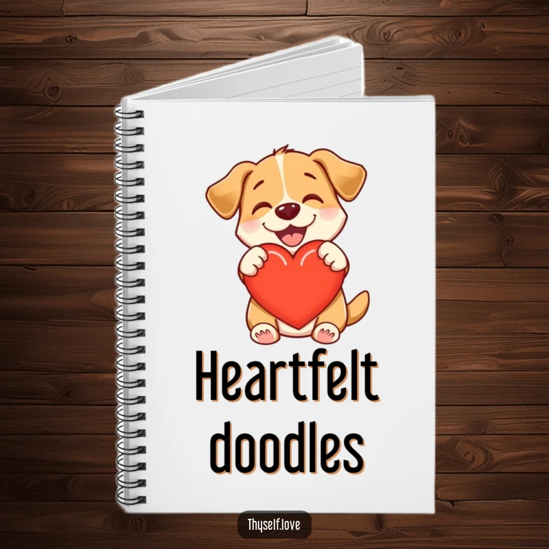 Funny notebook cover with a delighted dog hugging a heart, ready to capture warm thoughts and loving ideas.