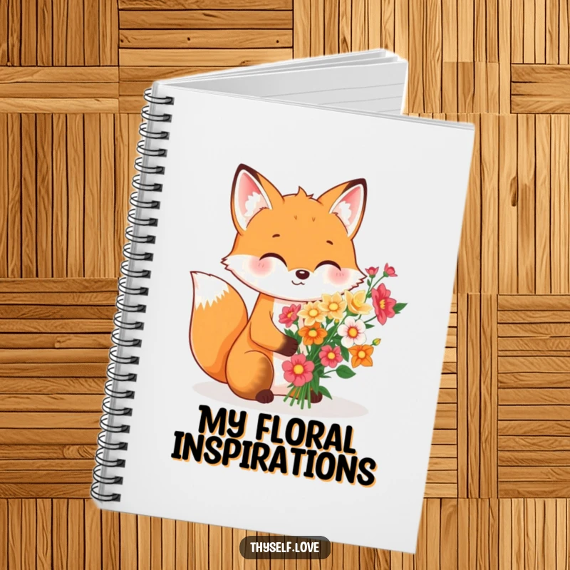 Funny Notebook: A fox's thoughtful act of arranging flowers for itself is illustrated on this notebook, perfect for journaling personal reflections.