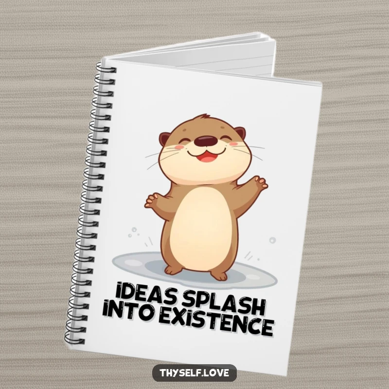 Funny notebook cover with a giggling otter dancing happily near a puddle, perfect for jotting down fun ideas.
