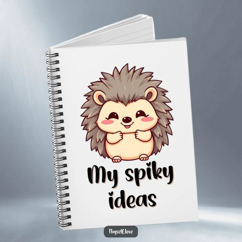 Funny notebook with a happy hedgehog fluffing its quills with a smile, perfect for journaling thoughts and cute ideas.