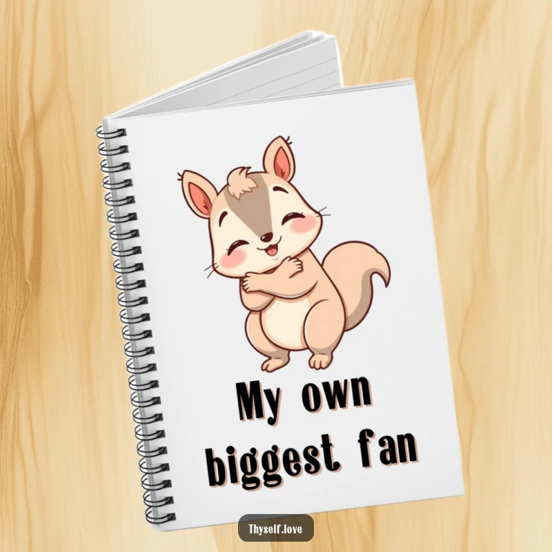 Funny happy squirrel notebook, giving itself a big hug, perfect for journaling and self-reflection. A humorous and inspiring tool.