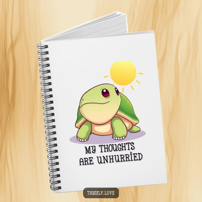 Funny notebook featuring a peaceful turtle basking in a sunbeam, ideal for jotting down notes with a hilariously relaxed and creative flair.