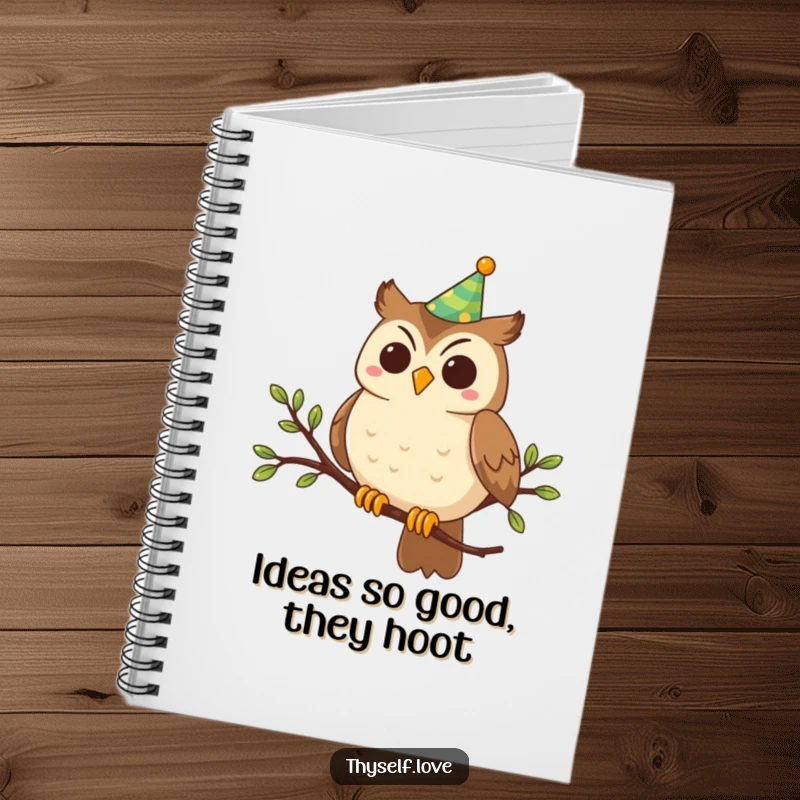 Funny Notebook: A smiling owl in a party hat perches on a branch, ideal for notes and joyful doodles.
