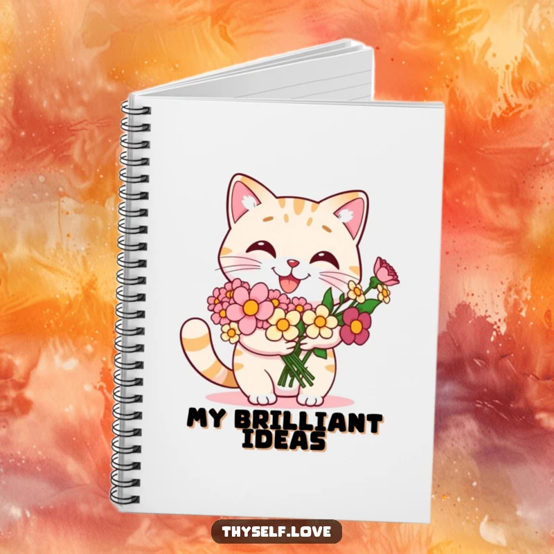 Funny cat notebook with a smiling cat proudly holding a bouquet of flowers, encouraging creativity and self-celebration.