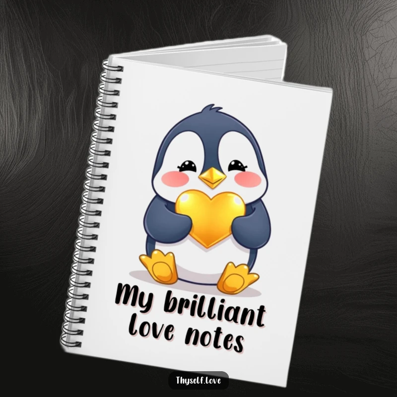 Funny Notebook: A happy penguin polishes a golden heart, perfect for jotting down loving thoughts and ideas.