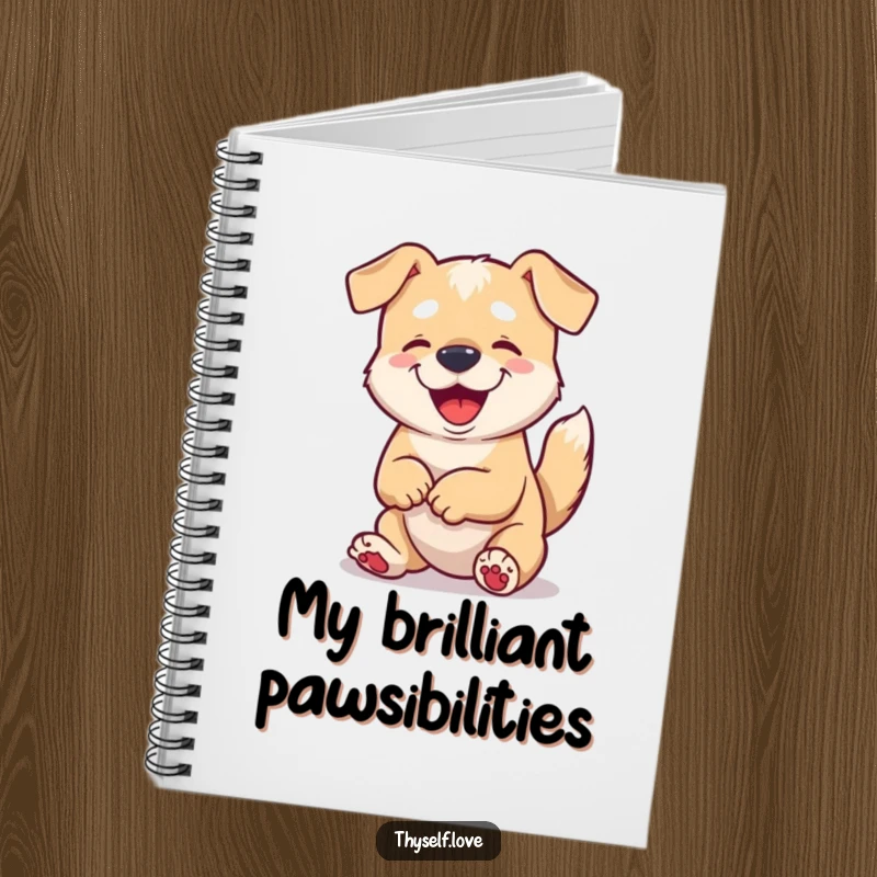 Funny notebook cover with a content dog wagging its tail and looking at its paws, ideal for daily notes.