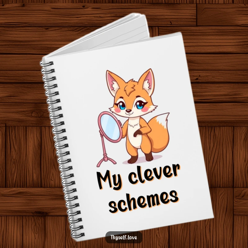 Funny fox notebook with a confident fox character posing with a vanity mirror, encouraging confidence and self-expression.