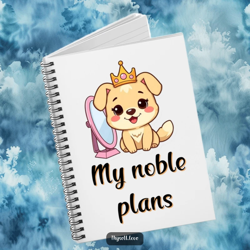 Funny dog notebook with a cheerful dog wearing a crown, looking into a mirror, encouraging confidence and self-belief.