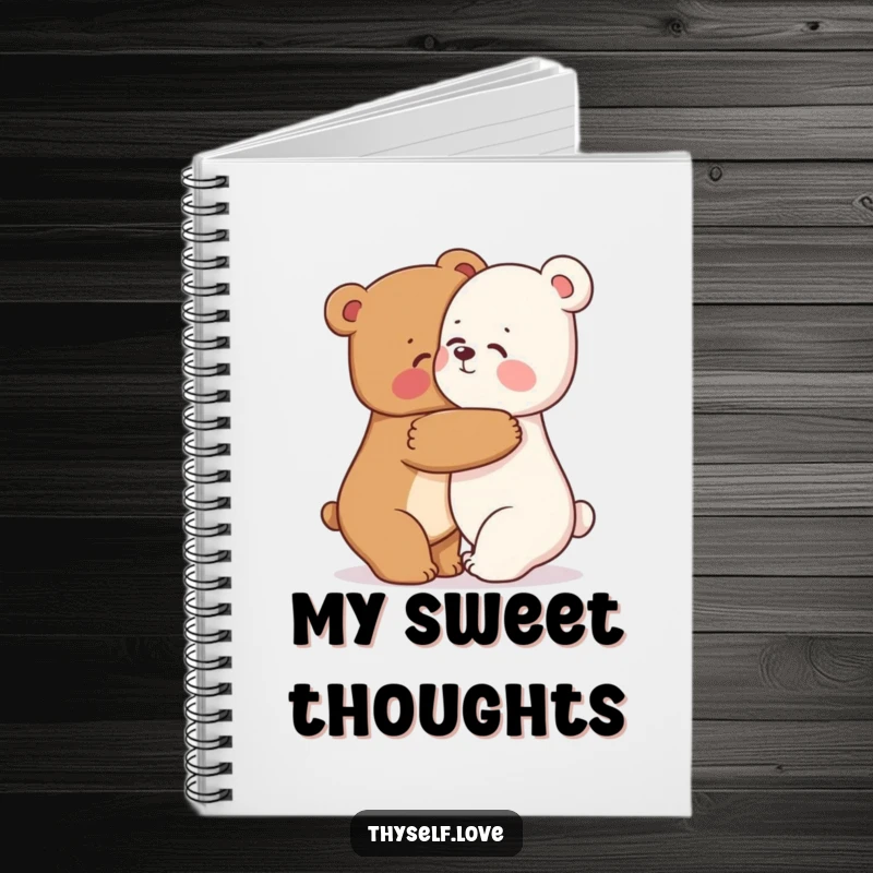 Funny bear notebook with a happy bear character hugging its reflection, encouraging kindness and self-reflection.