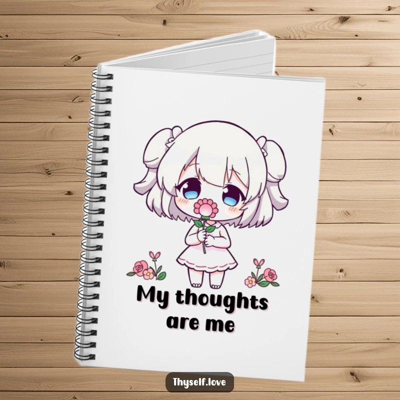 Funny Notebook: Character offering a bloom to its own silhouette, a humorous prompt for creative writing.