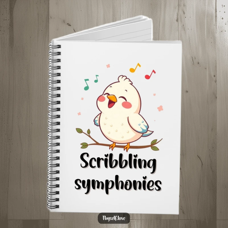 Funny notebook with a contented bird singing a joyful song, perfect for journaling creative ideas and musical thoughts.
