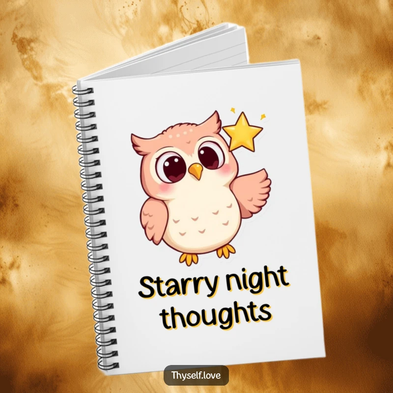 Funny notebook cover with a joyful owl, wide-eyed, looking lovingly at a sparkling star, perfect for capturing night thoughts.