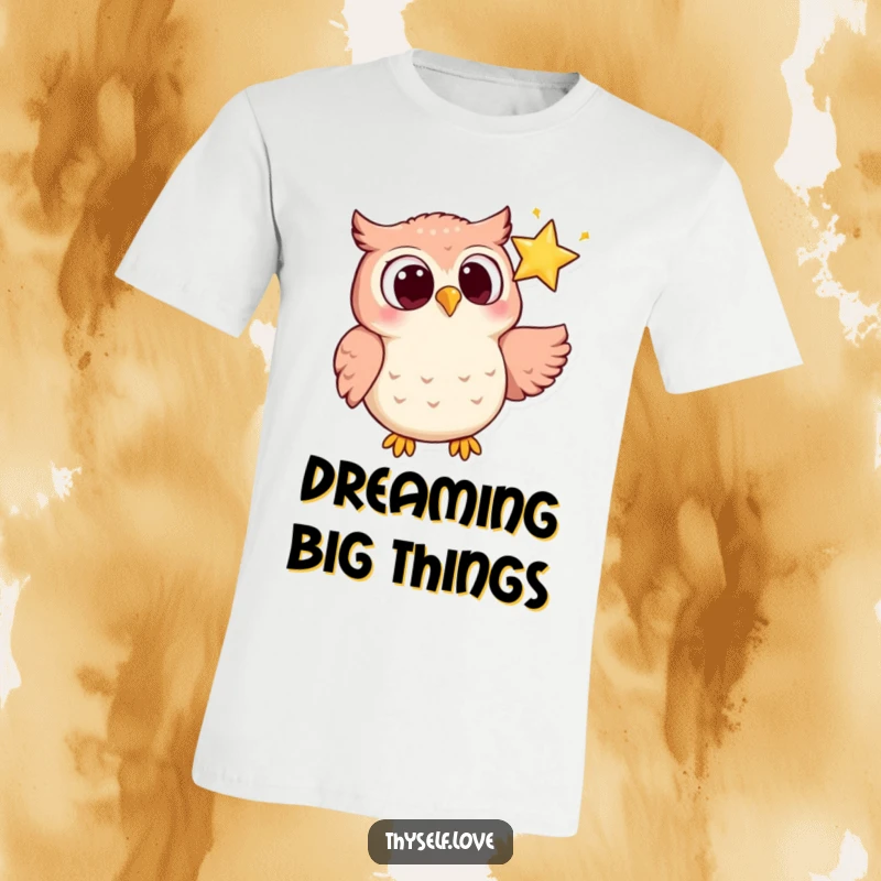 Funny t-shirt with a joyful owl, eyes wide, gazing lovingly at a bright, sparkling star in the dark night sky.