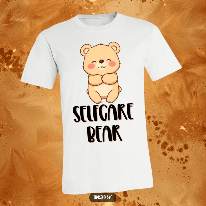 Funny T-shirt showing a joyful bear character embracing itself in a warm self-hug, symbolizing comfort and happiness.