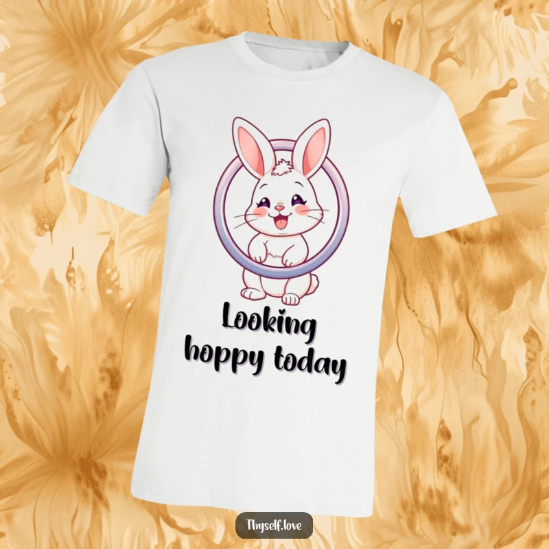 Funny T-shirt showcasing a happy bunny gazing into a round mirror, appreciating its own adorable appearance.
