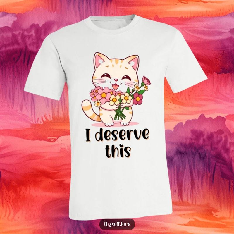 Funny cat t-shirt featuring a smiling cat holding a vibrant bouquet of flowers, celebrating its own achievements with pride.