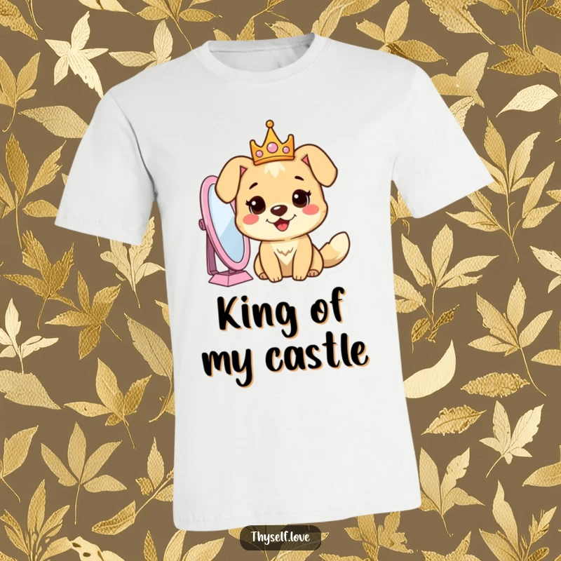 Funny dog t-shirt featuring a cheerful dog wearing a golden crown, gazing admiringly into a mirror, showcasing regal pride.