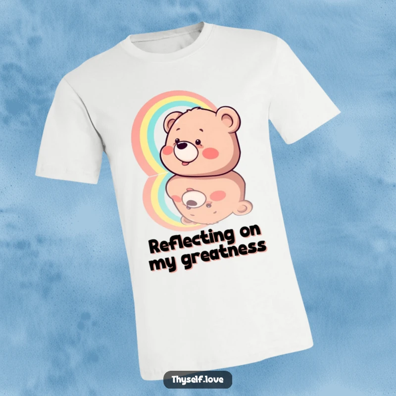 Funny T-Shirt: A happy bear chuckling as it gazes at a vibrant rainbow appearing in its mirrored reflection, a symbol of inner happiness.
