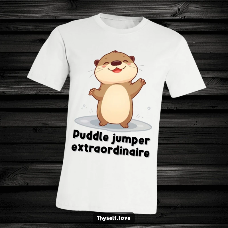 Funny t-shirt graphic of a giggling otter doing a happy dance by a puddle, embodying pure aquatic bliss.