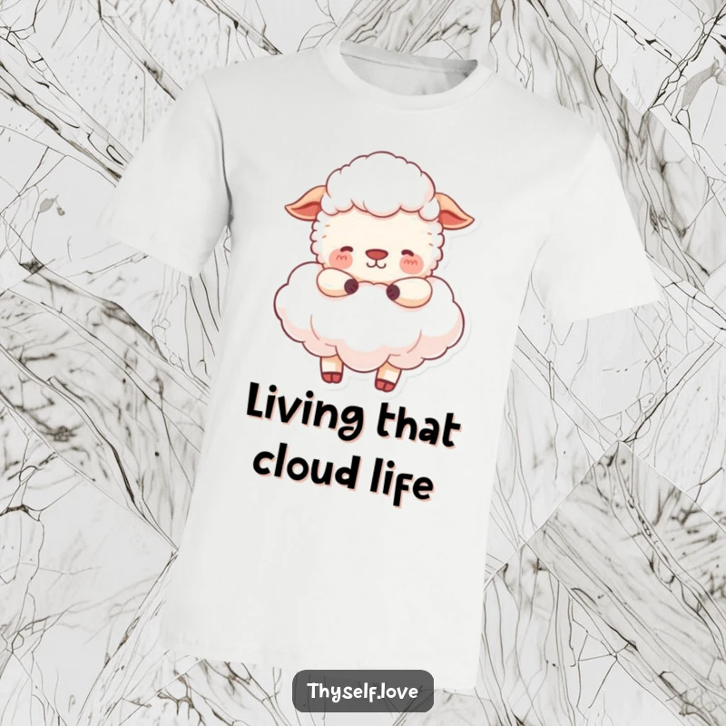 Funny T-Shirt: A happy sheep cuddles a fluffy cloud, showcasing a look of pure, blissful peace.