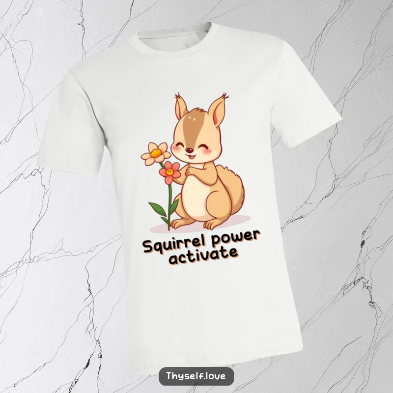 Funny T-shirt depicting a playful squirrel holding out a flower to its reflection, celebrating self-admiration.