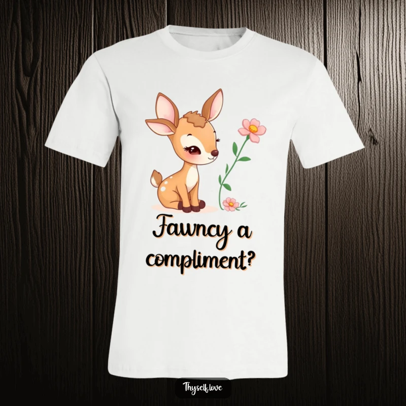 Funny t-shirt graphic of a winking deer with a picked flower, expressing playful curiosity and natural charm.