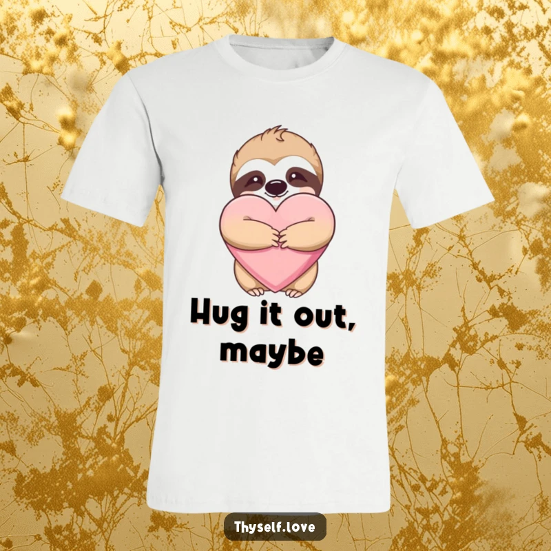 Funny t-shirt showcasing a contented sloth, eyes closed, embracing a large, soft-looking heart.