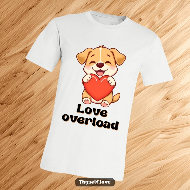 Funny t-shirt with a happy dog embracing a heart, radiating a strong sense of love, contentment, and warmth.
