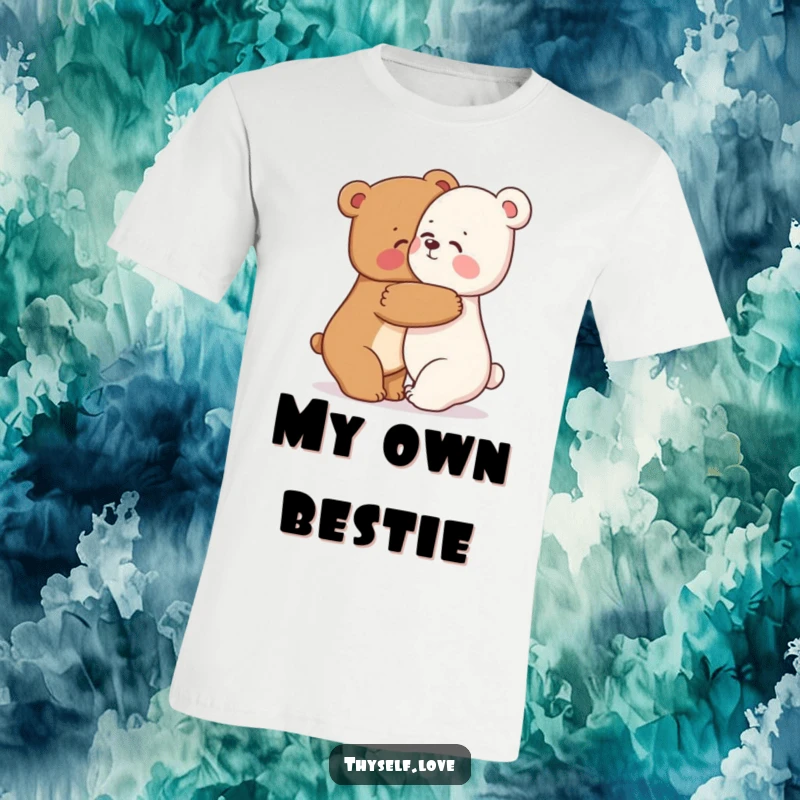 Funny bear t-shirt featuring a happy bear character giving itself a warm hug while looking at its reflection, representing self-care.